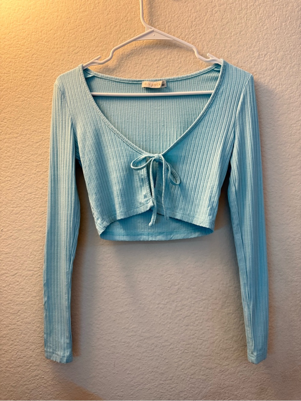 O. Vianca Light Blue Ribbed Tie-Front Crop Top Size Small